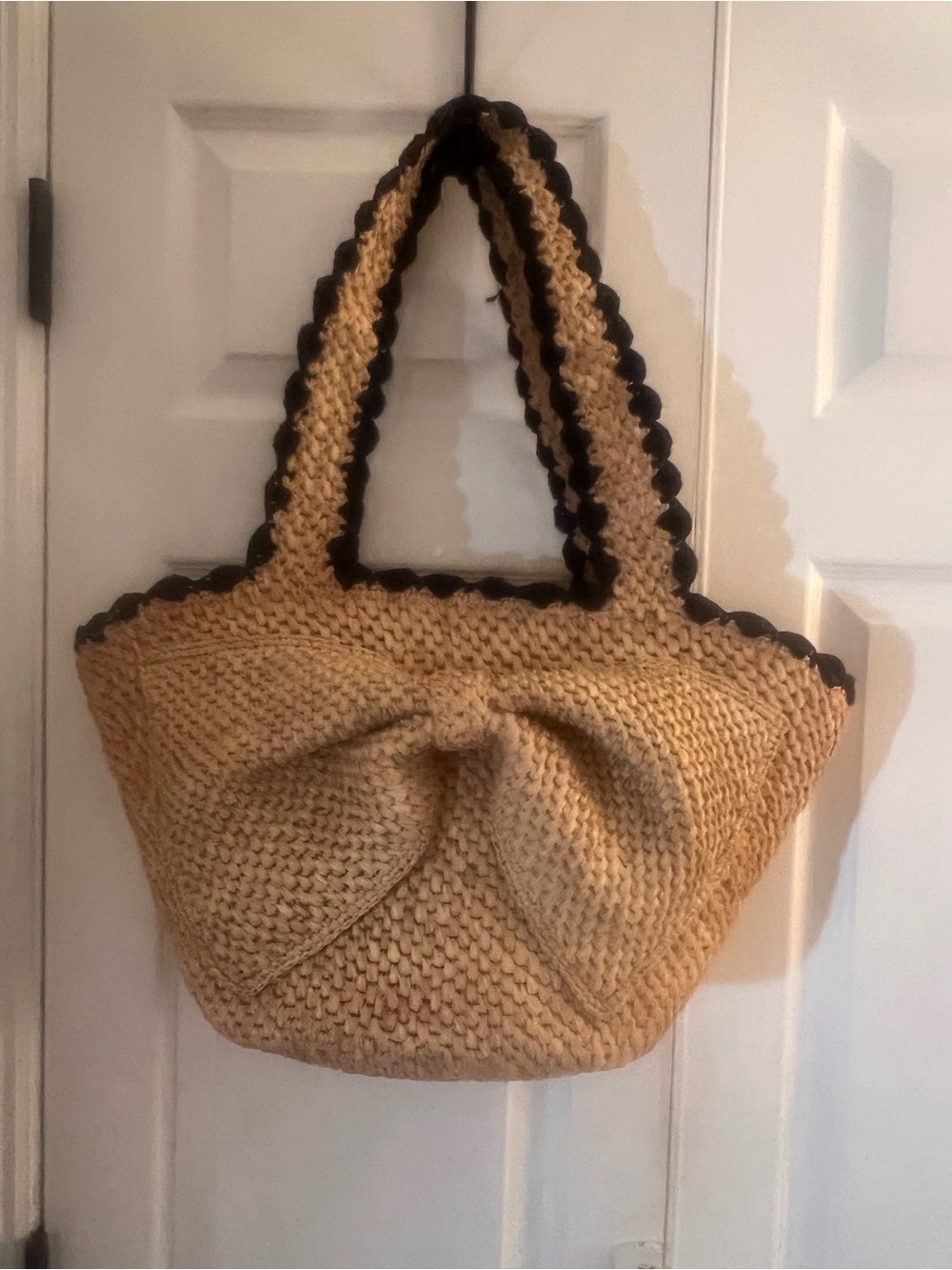 Handwoven Straw Tote Bag with Bow Detail - Black Trim -